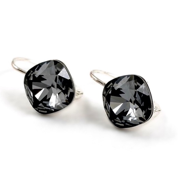 Gray Austrian Crystal Silver Lever Back Earrings - Picture 2 of 8